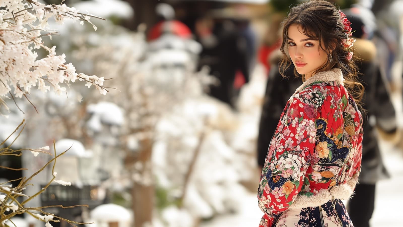 花柄のスカジャンを着た女性が雪景色の中に佇む姿。華やかなデザインが冬の横須賀の魅力を引き立てています。