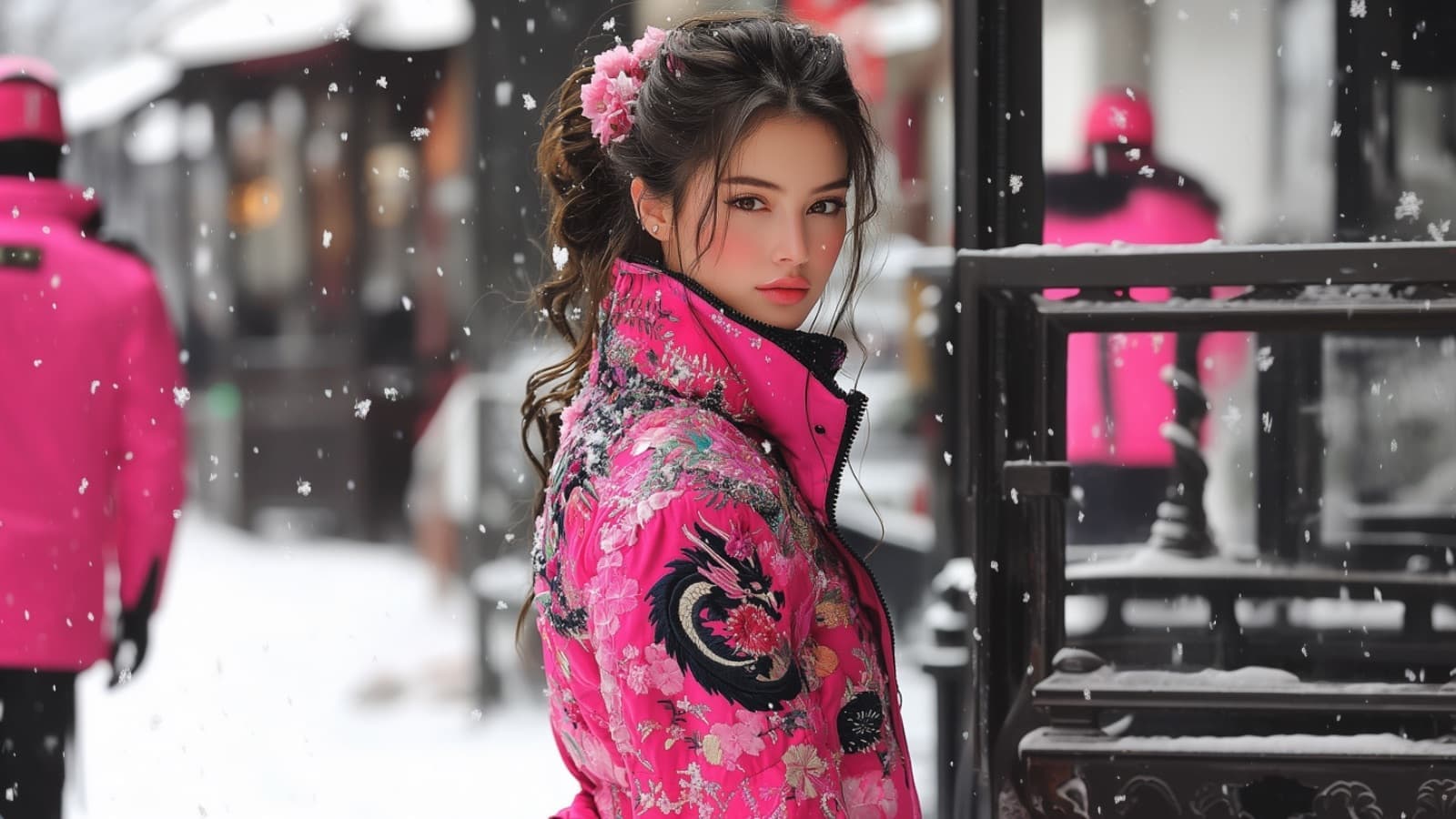 ピンクの花柄スカジャンを着た女性が雪景色の中で佇む姿。華やかなデザインが冬の風景に映える横須賀スタイル。